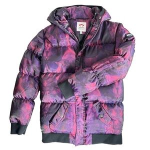 Appaman Multi Colour Girls Down Puffer Jacket Hip Length Hooded Purple Black 14